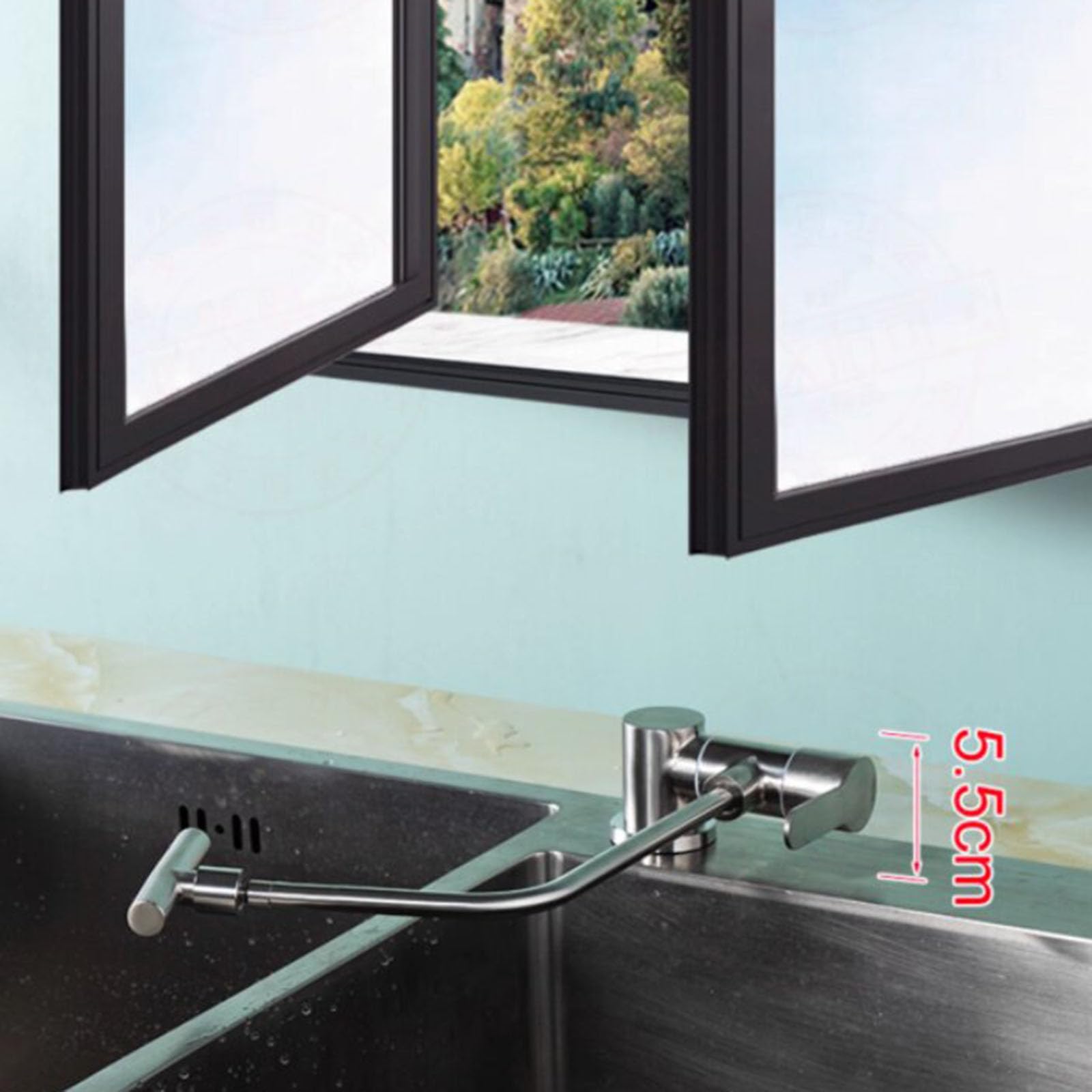 Grifo de Cocina único con rotación de 360°, diseño Compacto bajo Ventana, de Acero Inoxidable, con ósmosis inversa de 1/4", Ideal para Agua Potable.