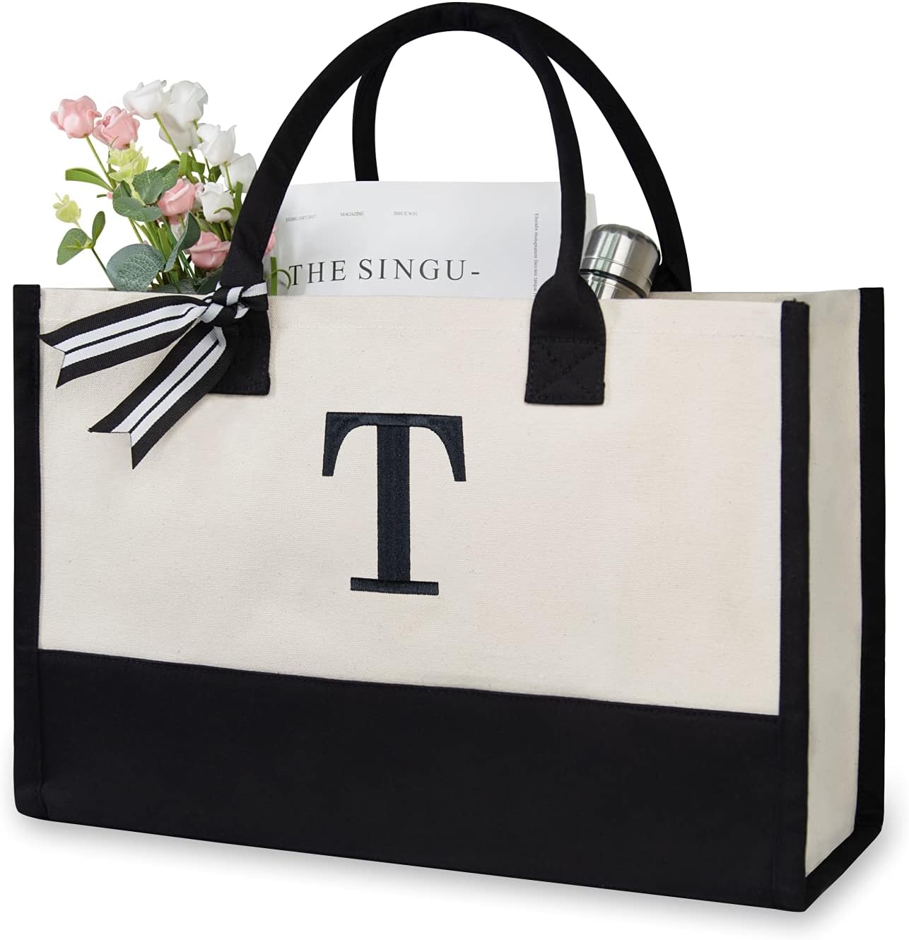 Personalized Initial Canvas Beach Bag, Monogrammed Gift Tote Bag for Women