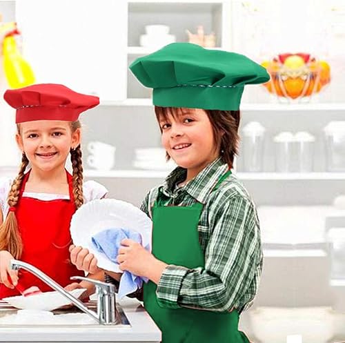 Miniatura 5 de Juego de 2 delantales verdes y rojos para niños y gorro de chef, delantal para niños y niñas, para cocinar, pintar, hornear, ropa de 5 a 12 años.
