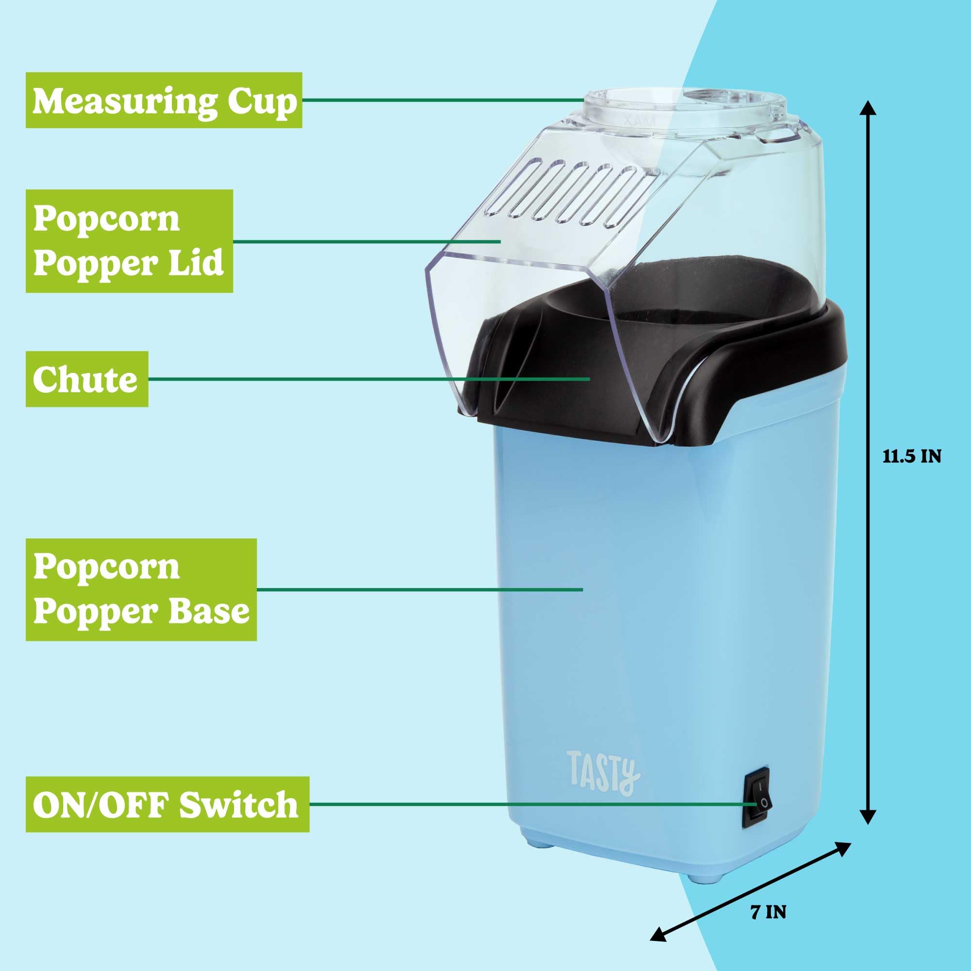 Tasty Popcorn ad aria calda, popcorn sani e deliziosi in pochi minuti, veloce e facile da usare, misurino integrato e scaldaburro, 8 tazze, blu