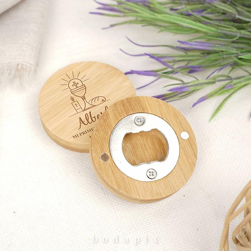Abridores de Bambú Magnéticos con Mensaje | Abrebotellas para Regalo de Comunión, Bautizo, Boda | Detalle personalizado para Invitados | Bodapix (25)