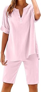 Linen Short Sets for Women Summer Casual Short Sleeve Button Shirts and Cotton Linen Bermuda Shorts Beach Wear
