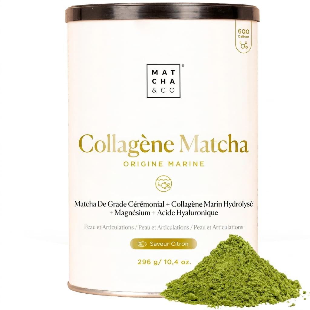 Matcha Collagène Marin en Poudre avec Magnésium et Acide Hyaluronique – Saveur Matcha Citron – Pour Articulations, Peau et Ongles – 296 g