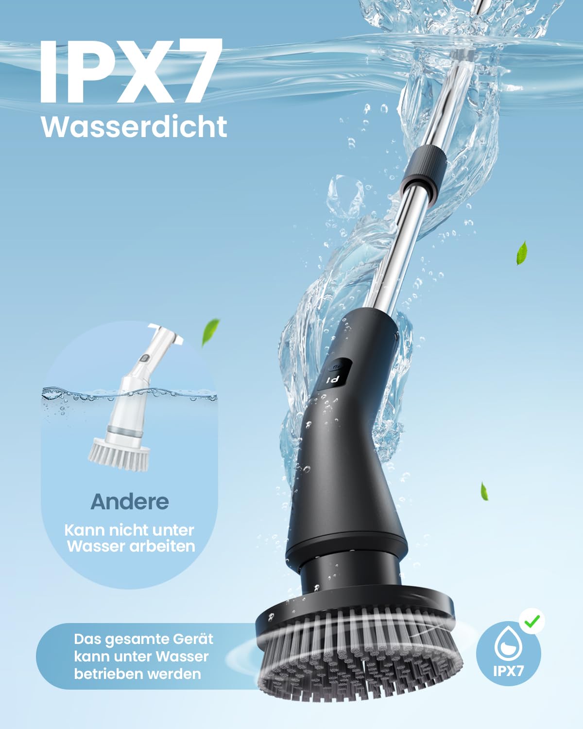 Leebein Elektrische Reinigungsbürste, 2026 Neues Spin Scrubber, IPX7 Wasserdichter und 7 Bürstenköpfen, Ausziehbarem Langem Griff und 2 Geschwindigkeiten, Schrubber für Badezimmer, Boden, Küche