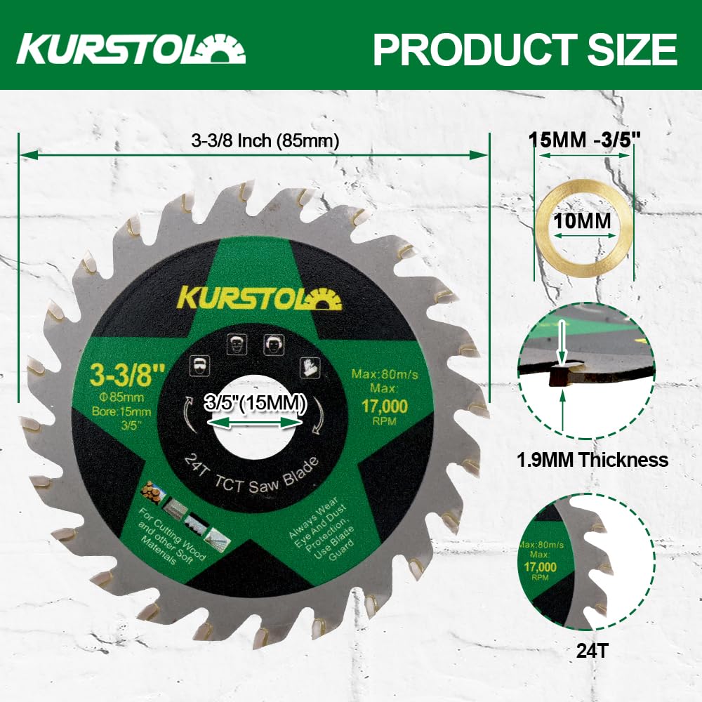 KURSTOL TCT Wood Cutting Disc, 3pcs 85mm x 15mm 24T Carbide Cutting Wheel for Wood Plastic - Image 2
