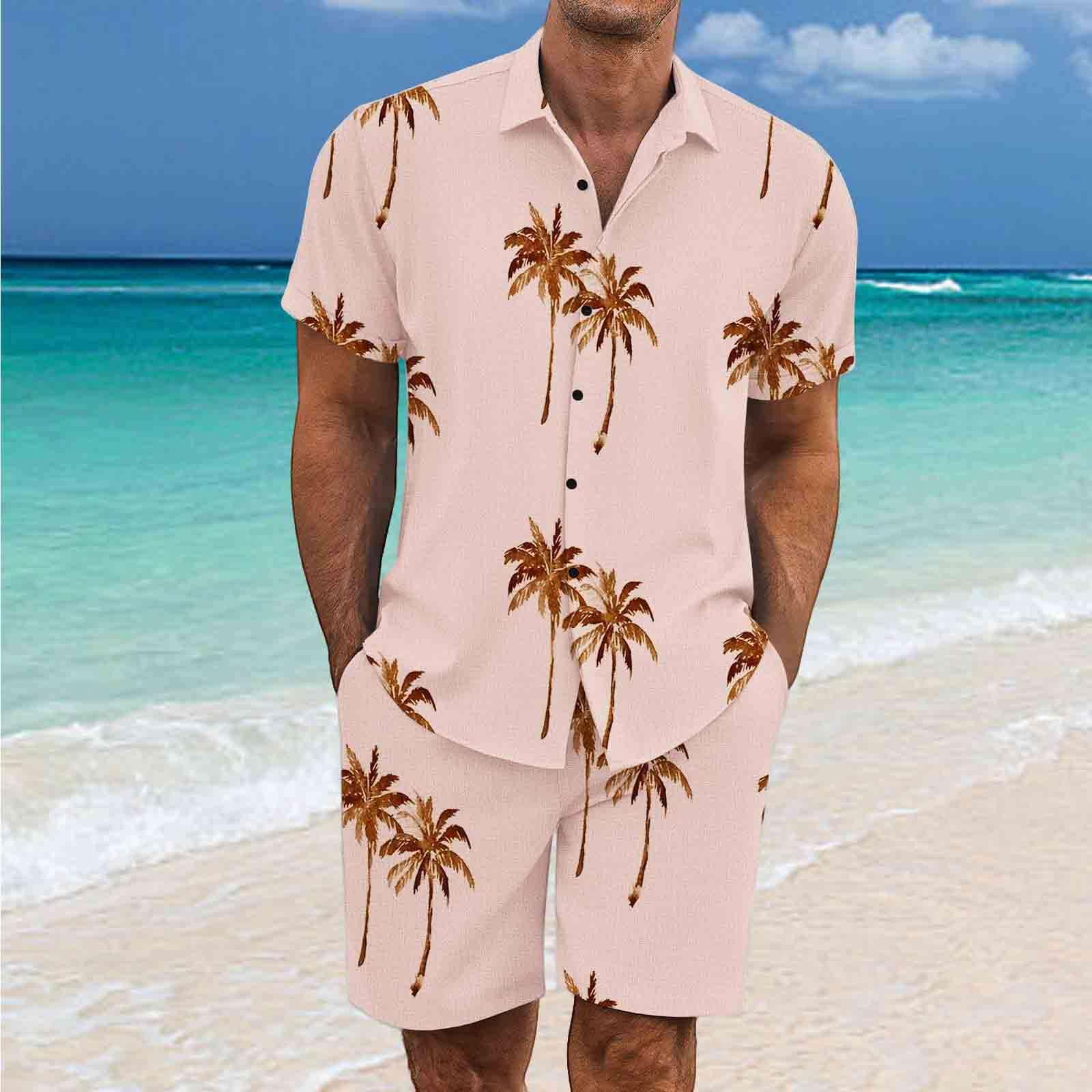 Hawaii Hemd Herren Set 2 Teiliges Sommer Outfit Kurzarm Revers Hawaiihemd + Kurze Hose, Männer Atmungsaktiv Tropisches Vacation Strand Party Outfit Urlaub Freizeitanzug Streetwear