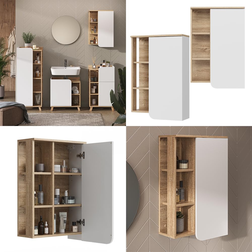Vicco Armario de baño Karen, Sonoma/Blanco, 50 x 75 cm | con puerta y compartimentos abiertos, para montaje en pared con estantes abiertos y cerrados