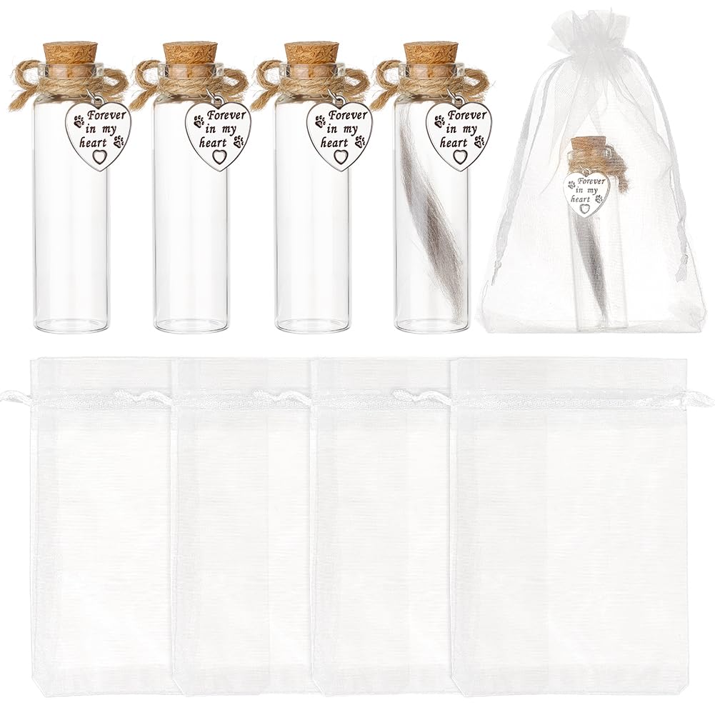 BENECREAT 5 Pcs Memorial Bottle for Pet Hair, Pet Fur Glass Keepsake with Heart-shaped Pendant Organza Bags Memory Sympathy Gift for Pets Loss