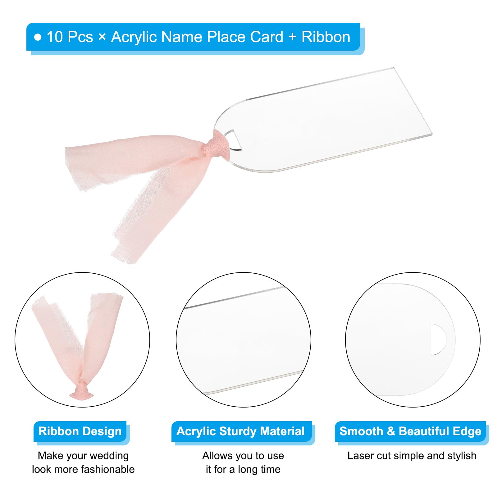 PATIKIL Place Cards for Table Setting 3.5" x 1.8", 10 Pcs Acrylic Name Cards with Ribbon for Wedding Banquets Events Table Setting Reserved Signs Party Supplies, Style B Transparent - Image 3