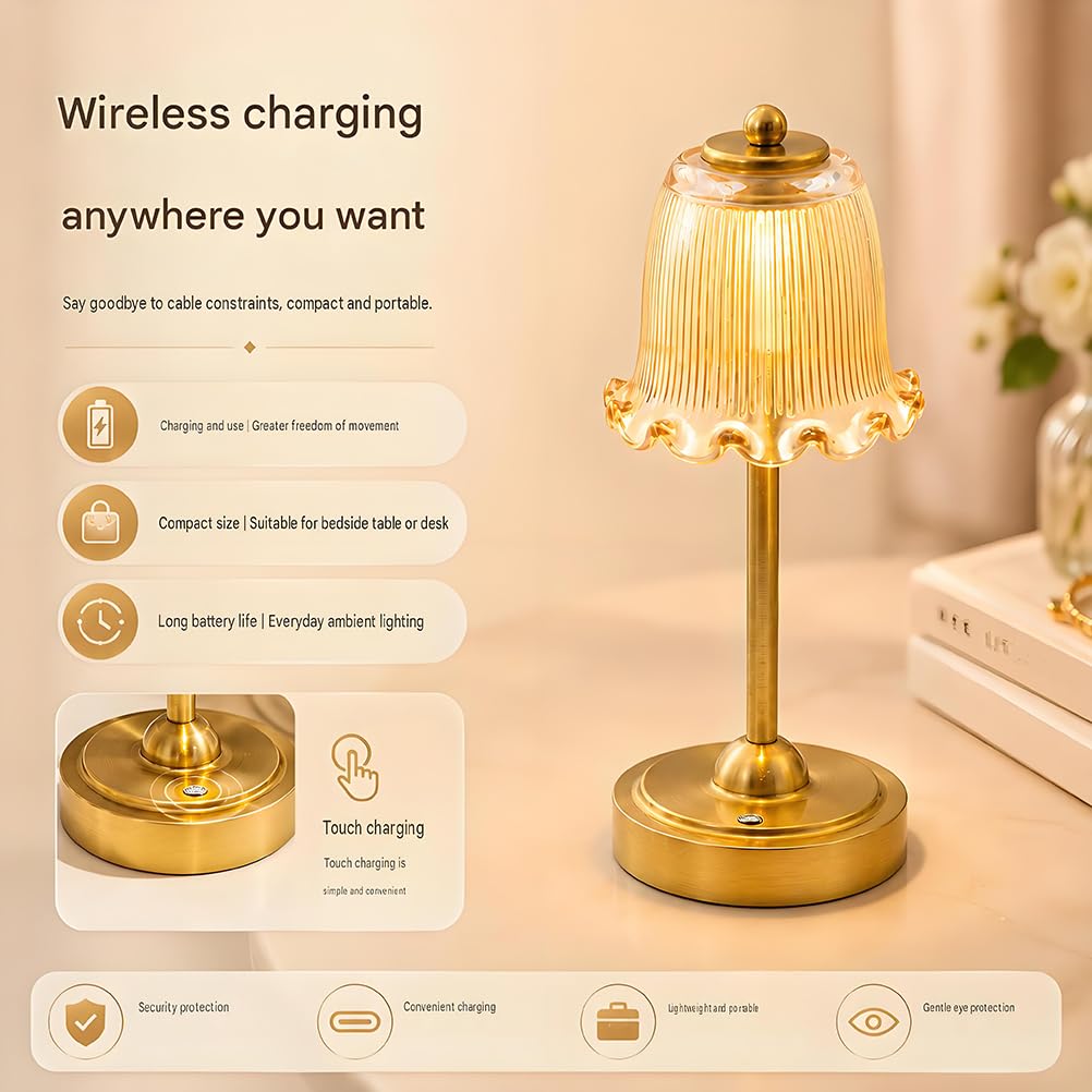AoLa Retro Tischlampe Kabellos, LED Akku Tischleuchte Dimmbar Touch Control mit USB Aufladbar 5200mAh Batterie Nachttischlampe Ohne Kabel mit Glasschirm Tragbare Nachtlicht für Esstisch,Amber