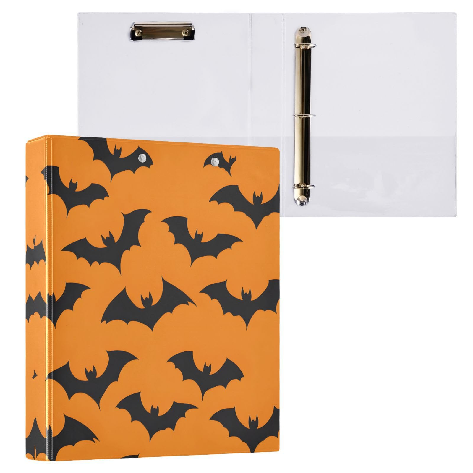 Confezione da 2 raccoglitori a 3 anelli, motivo pipistrelli di Halloween, 3,8 cm, con 3 tasche trasparenti, portablocco e contiene 200 fogli, per ufficio, scuola, organizzazione domestica