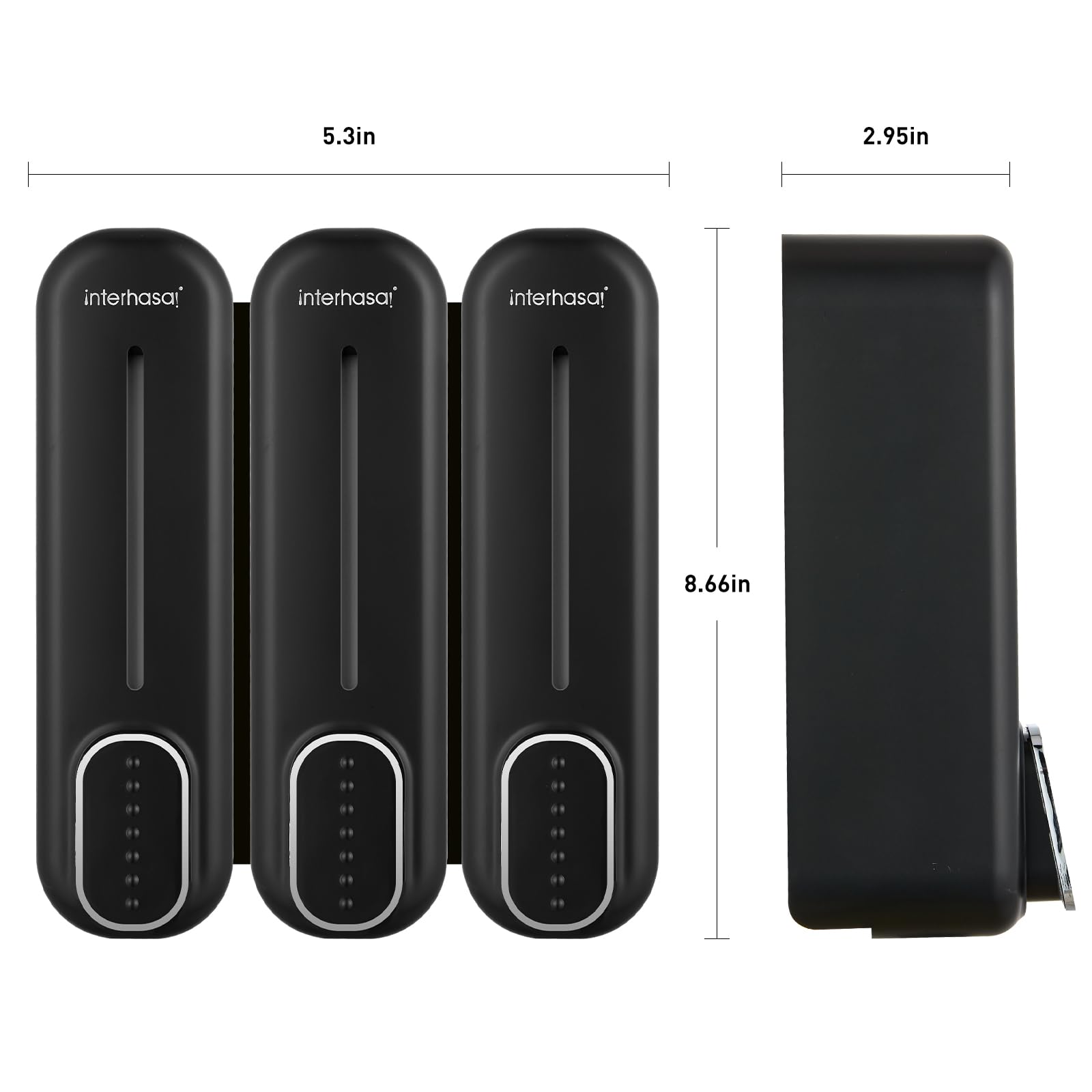 interhasa! Dispenser di sapone da bagno a parete per bagnoschiuma doccia gel shampoo e balsamo dispenser di sapone 3 camere 3 in 1 dispenser doccia per casa commerciale nero 350 ml × 3