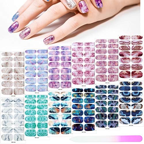 168 Pieces 12 Sheets Full Wrap Nail Polish Stickers Self Adhesive Glitter Gradient Marble Color Street Nail Decal Strips with Glass Nail File for Women Girls DIY Nail Craft (Chic Style)