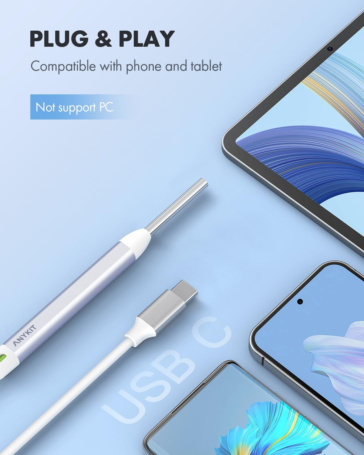 Close-up of the Anykit otoscope's USB-C connector and a smartphone, illustrating the 'Plug & Play' feature and compatibility with phones and tablets.