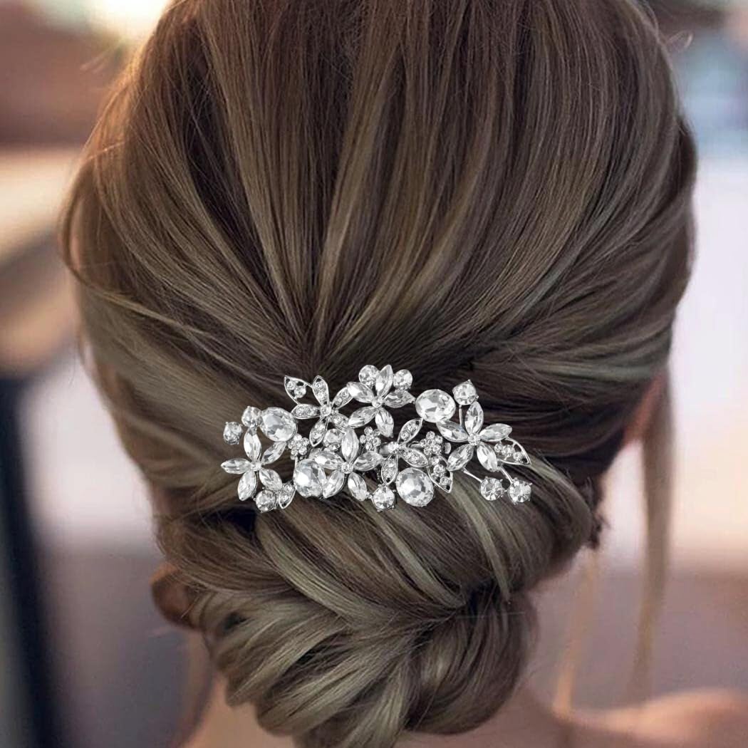 ALUINN Crystal Bride Hair Comb Flower Hair Piece Rhinestone Wedding Bridal Hair Accessories for Women Brides and Bridesmaids (Silver) - Image 2