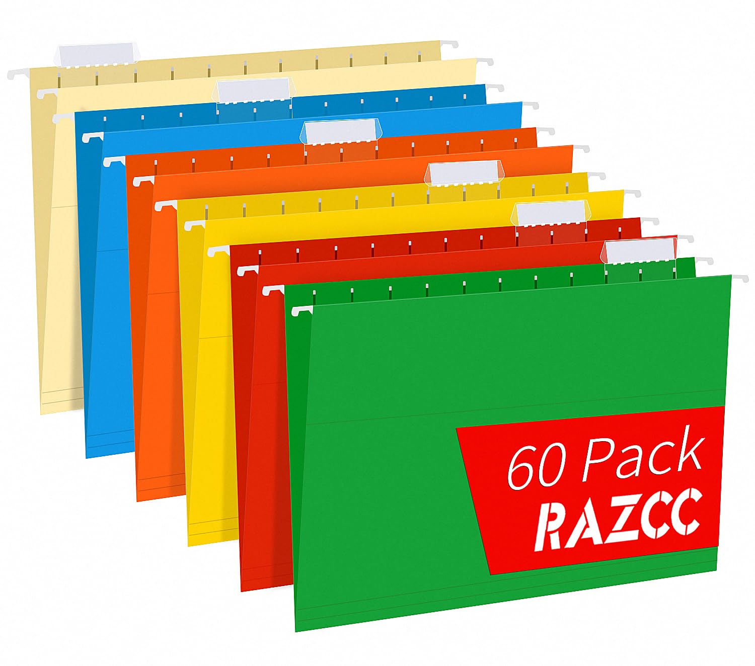 Hanging File Folders, RAZCC 60 Pack Reinforced Hanging Folders Letter Size, Designed for Bulky Files, Filing Cabinet, Adjustable Tabs, Assorted Colors