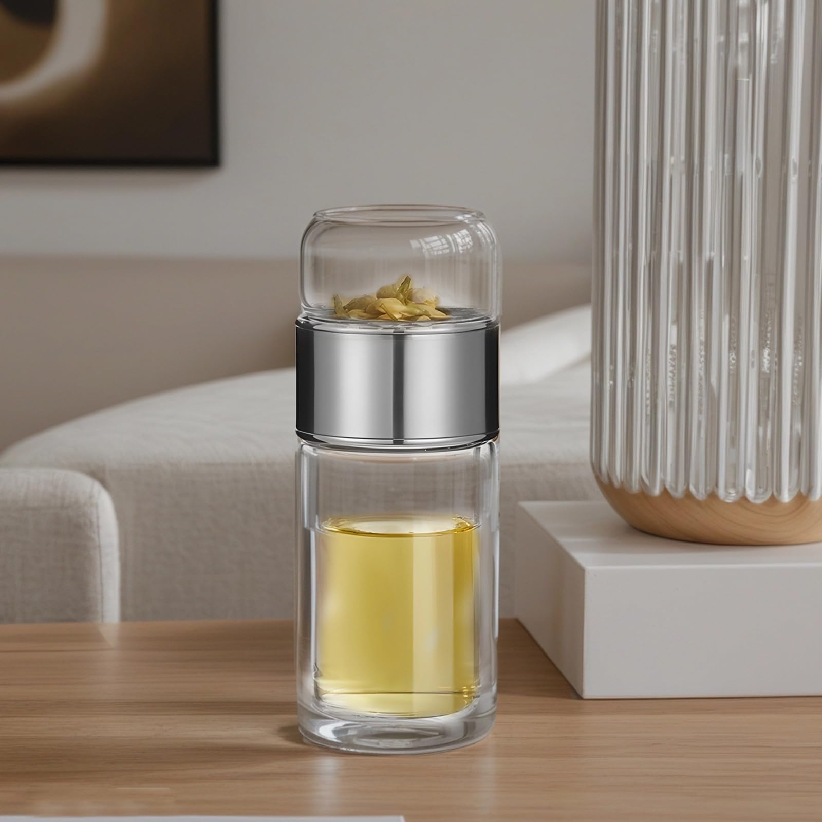 Teeflasche mit Sieb, Doppelwand-Glas-Reisebecher, hitzebeständiger Tee- und Wasserbecher, Glasbecher mit Teesieb für losen Tee, für Zuhause und Büro, silber, 16,9 oz