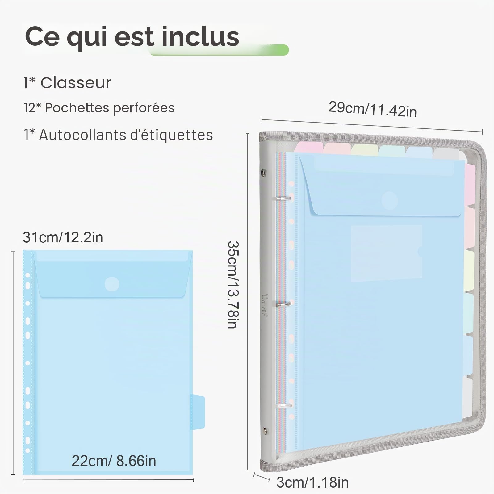 Uquelic Classeur 3 anneaux A4 - Classeur avec 12 pochettes plastique A4 pour organiser et classer des documents, coque souple en PVC (Macaron transparent)