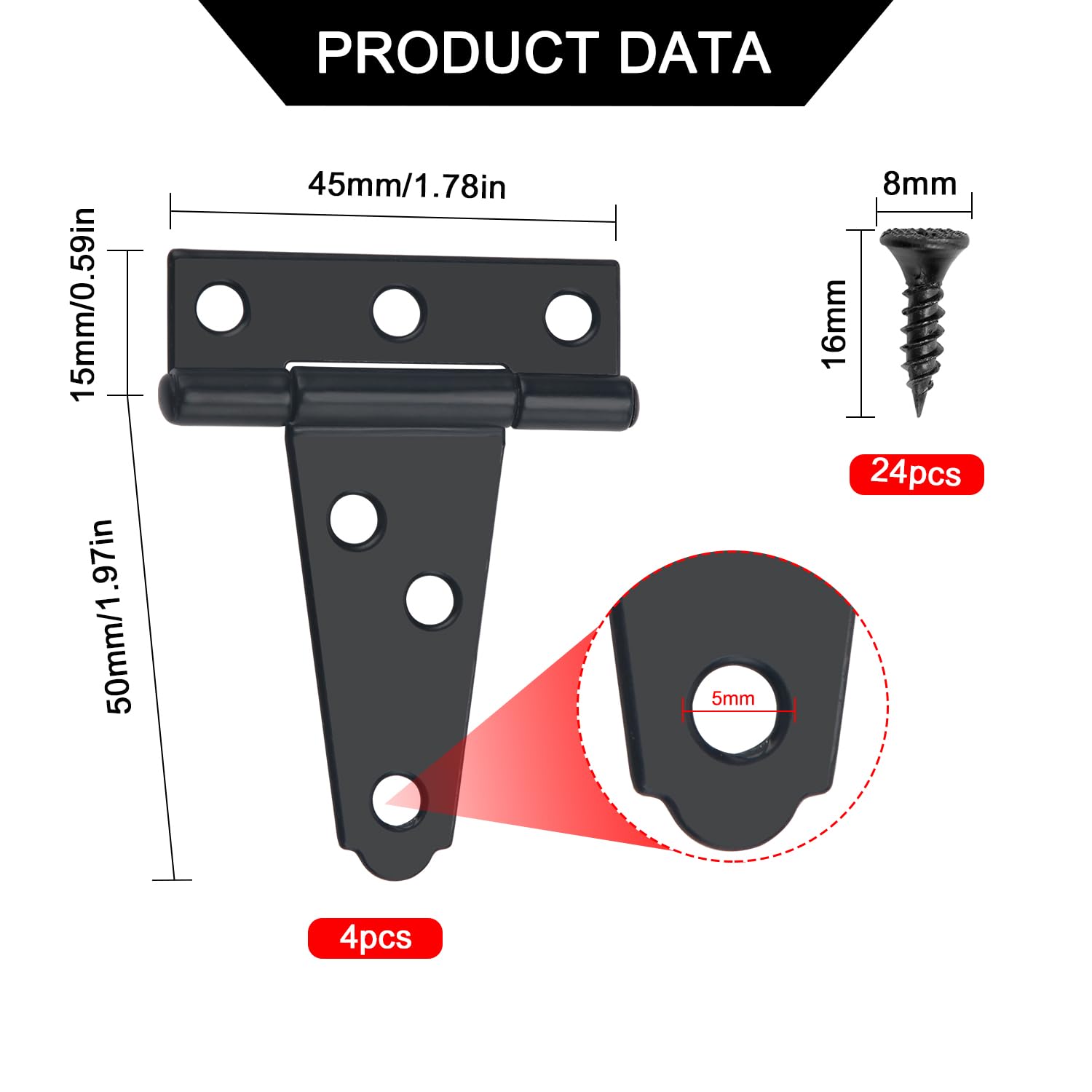 YIXISI 4 PCS 2 inch T-Strap Hinges, Heavy Duty Strap Tee Hinge, Metal Gate Strap Hinge with 24 PCS Screws, for Gates Shed Doors Windows Fence Garden Storage Rooms, Black - Image 2
