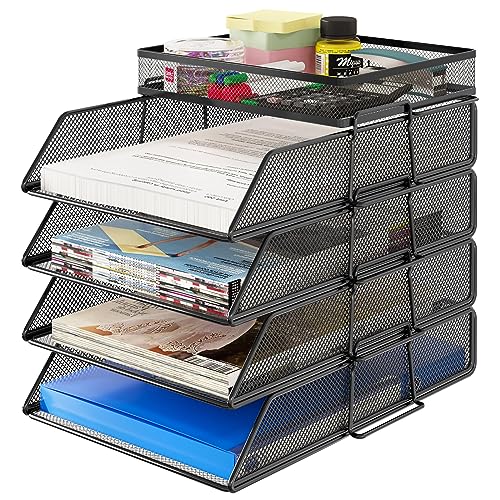 TQVAI Lot de 5 Empilable Métal Corbeille a Courrier Organiseur de Bureau Porte Revue Bureau Trieur Documents A4 Rangement Papier Range Courrier, Noir