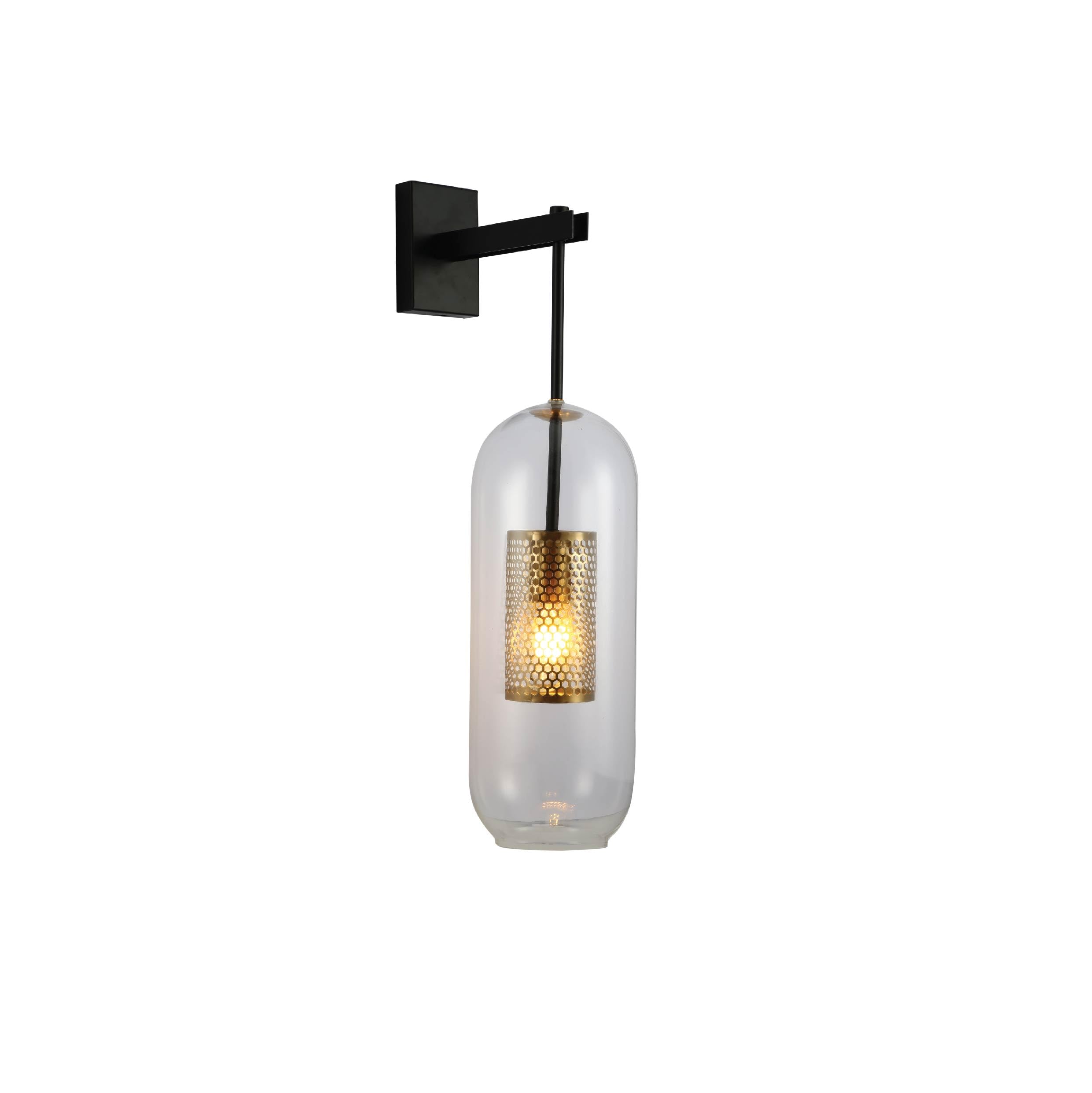Tekled Gold, Black, Clear Myhome Clear Cylinder Glass Gold Cage Black Body Wall Light | E27 Fitting | For Bedrooms Living Rooms Hallways Receptions Cafes Restaurants | (Bulb Not Included)