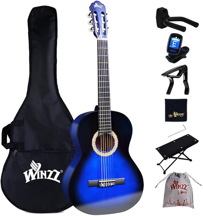 Winzz 4/4 Guitarra Clásica Set para Principiante - Kit de Guitarra Española de 39 Pulgadas con Cuerdas de Nylon para Adultos, Niños Más de 12 Años, Azul