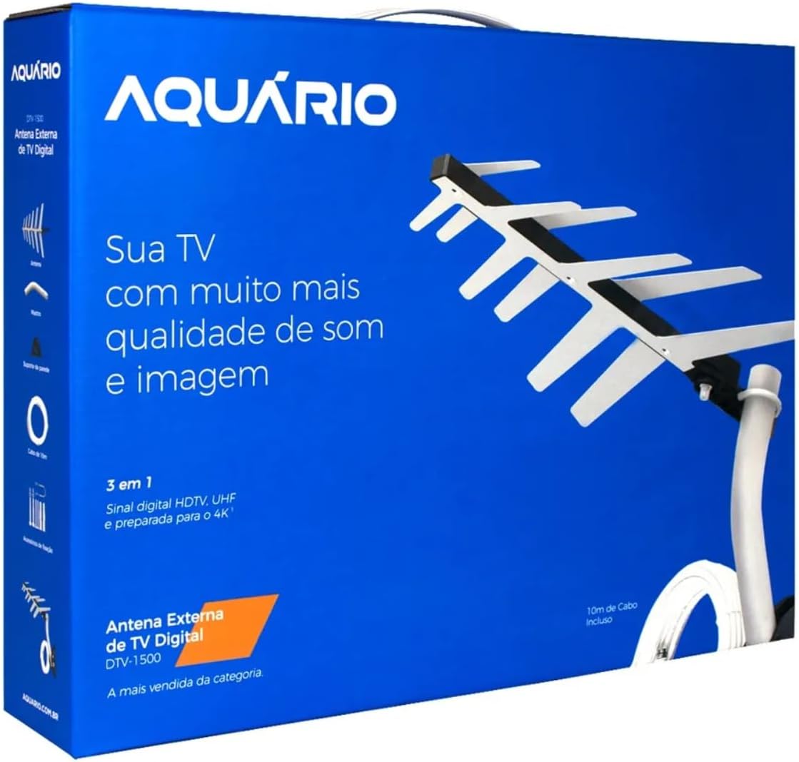 Antena Externa Digital para TV 2 em 1 Completa, Aquario, DTV-1500, Prata, Médio