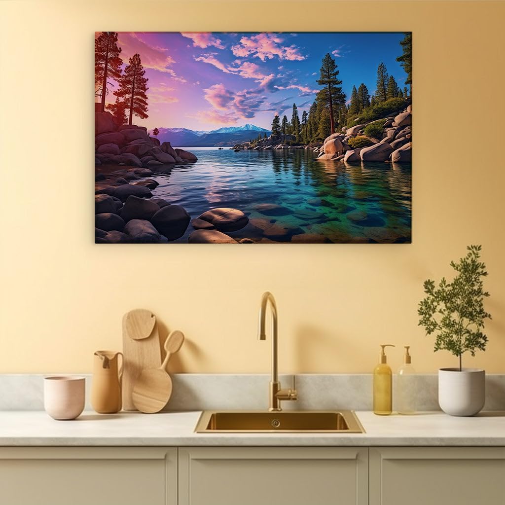 Canvas for Living room. Sunset Serenity: Reflecting Nature's Palette on a Mountain Lake, 27 x 18 inch Canvas Wall Art - Beach Sunsets And Sunrises - Modern Home Decor - 69x46 cm (27x18 inch)
