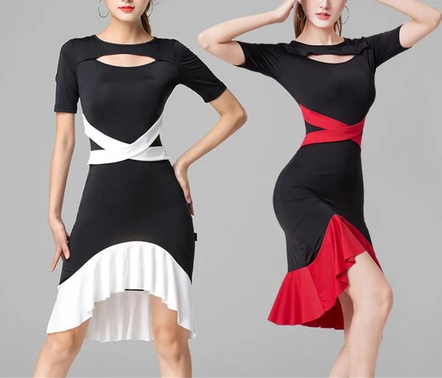 Women Block Colors Latin Dress Summer Short Sleeve Irregular Comfortable Outfit for Latin Dance Performance