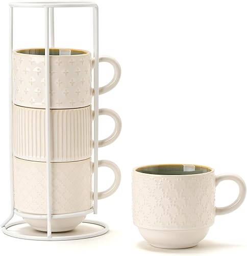 Miniatura 9 de Juego de 4 tazas grandes de café de cerámica con soporte, 15 oz apilables con diferentes relieves acanalados, juego de tazas para latte para