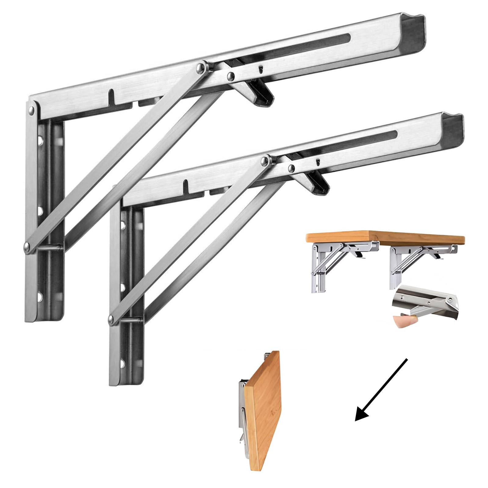 Staffe Per Mensola Pieghevoli 150 Mm - Acciaio Inox, Carico 30 Kg, Set Da 2 - Foto 1