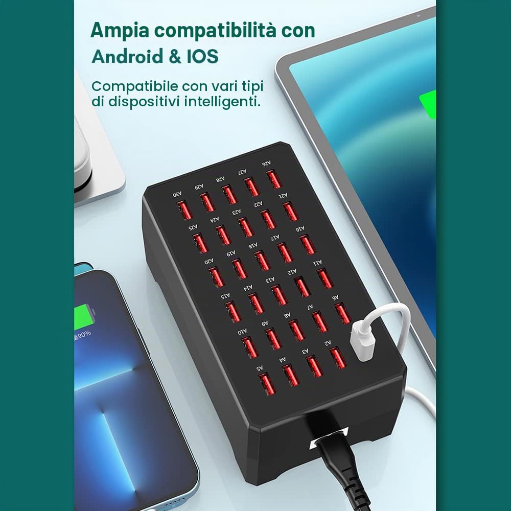 docooler Caricatore USB, 30 Porte, Stazione di Ricarica USB da 150 W Caricatore da Tavolo