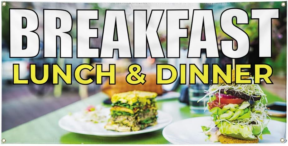 Vinyl Banner Multiple Sizes Breakfast Lunch & Dinner Restaurant & Food Outdoor Weatherproof Industrial Yard Signs Forest Green 6 Grommets 36x72Inches