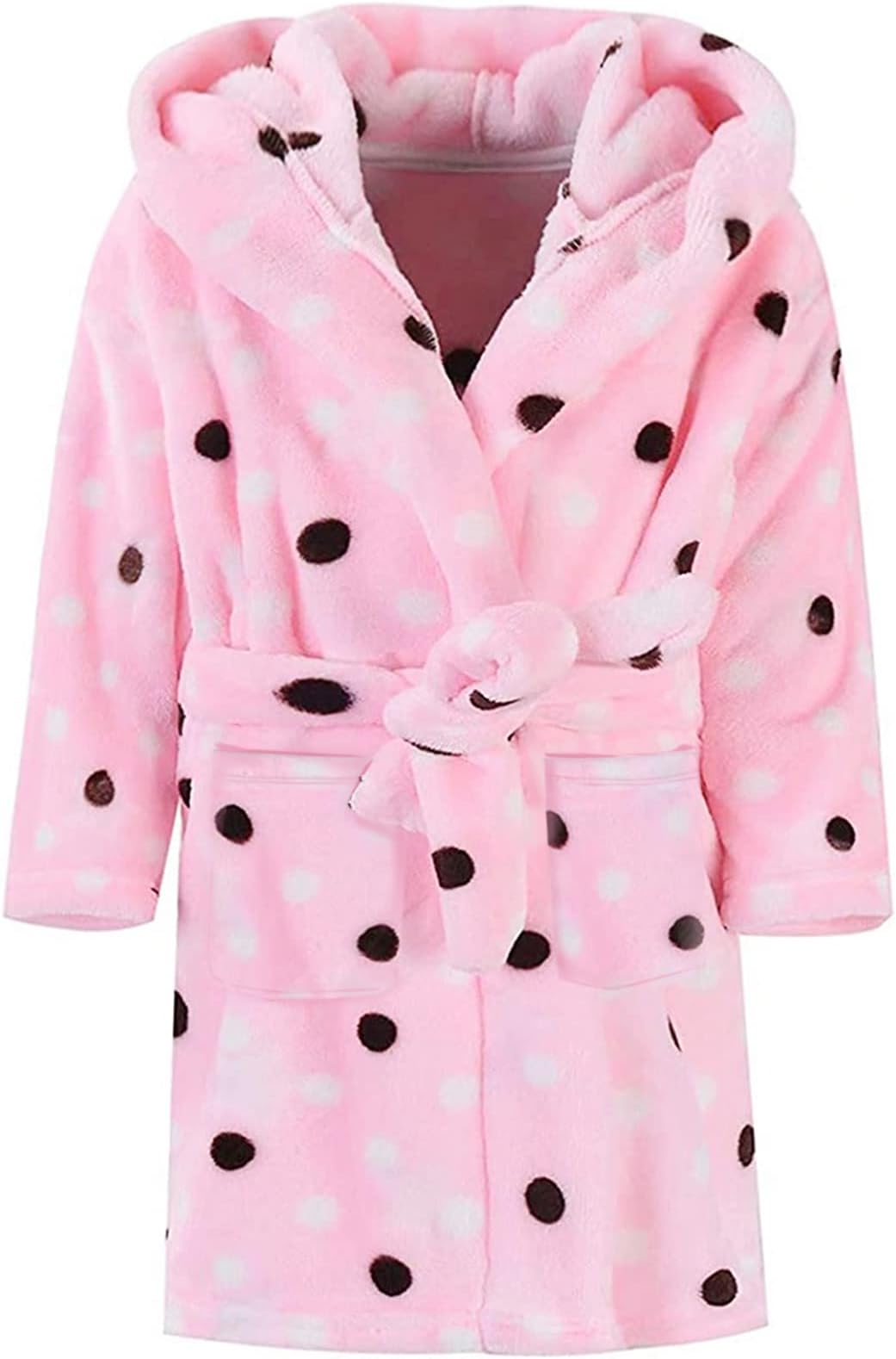 Ameyda Cosplay Costumes Girls Polka Dots Printed Flannel Hoodie Robe Fleece Bathrobe with Hood, Pink, 11-12 Years
