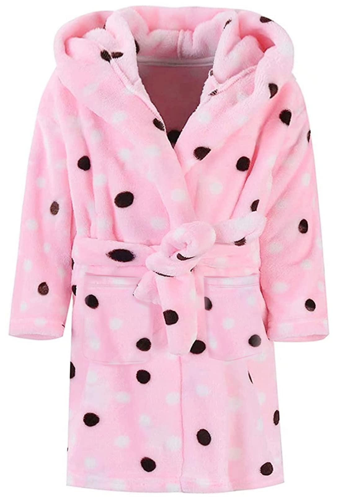 Ameyda Cosplay Costumes Girls Polka Dots Printed Flannel Hoodie Robe Fleece Bathrobe with Hood, Pink, 11-12 Years