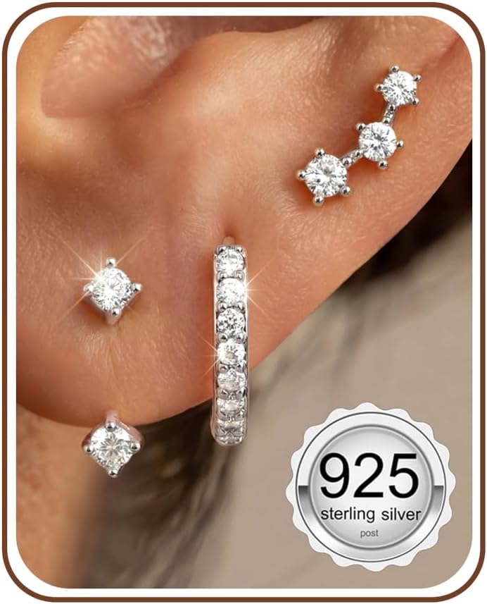 3 Pairs 925 Sterling Silver Hypoallergenic Earrings for Women Trendy - 14K Gold Plated Stud Hoop Cartilage Earrings Set Small Earring Stacks for Sensitive Ears Non Tarnish Dainty Silver Earring