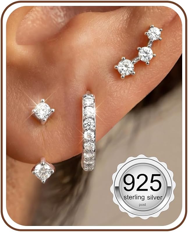 3 Pairs 925 Sterling Silver Hypoallergenic Earrings for Women Trendy - 14K Gold Plated Stud Hoop Cartilage Earrings Set Small Earring Stacks for Sensitive Ears Non Tarnish Dainty Silver Earring