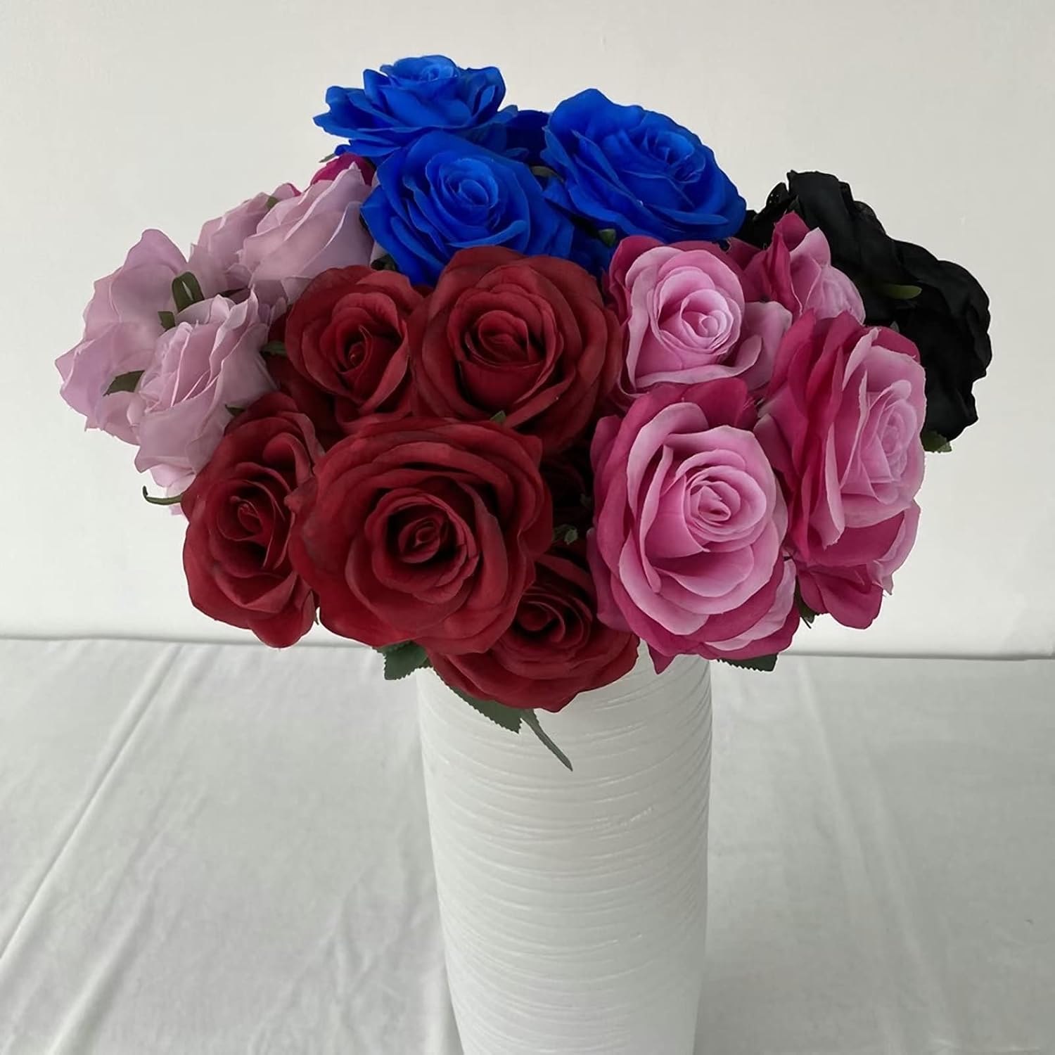 Pink Rose Flowers Artificial Silk Flower 7 Heads Fake Full Flowers with Green Leaves and Stems Artificial Plants for Wedding Valentine's Day Home Party Indoor Outdoor Scenery Decor