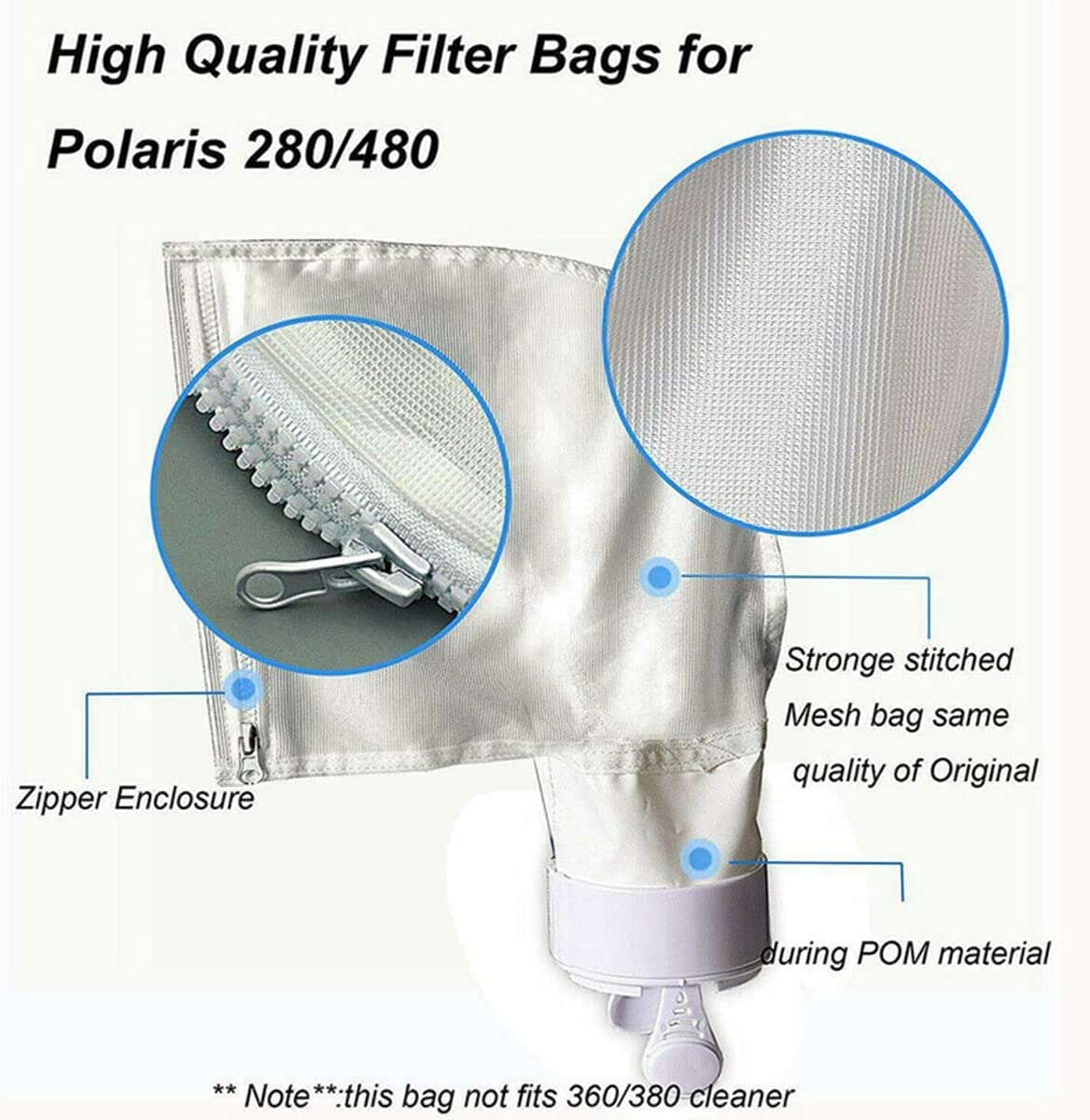 Lot de 2 Sacs Filtrants pour Piscine Polaris 280 & 480 avec Fermeture éclair et Fermeture (Blanc)