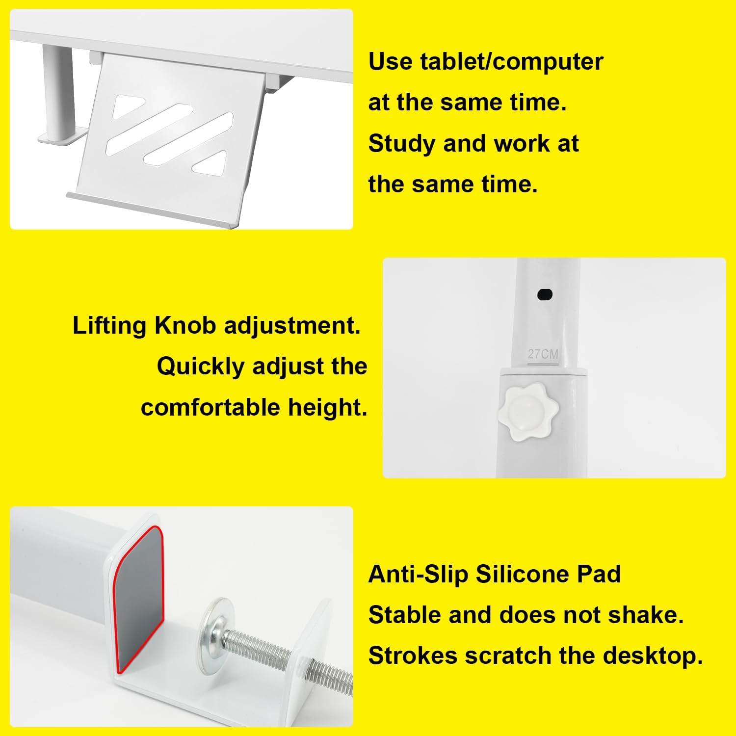 Clamp-On Monitor Stand Riser with Phone/Pad Holder, Height Adjustable from 6.7" to 10.7", Computer Desk Shelf for Laptop, PC, Home Office Workstation (White)