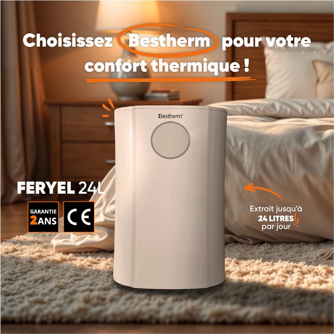 BESTHERM - Deumidificatore d'aria BESTHERM - Feryel 24L/giorno, serbatoio rimovibile, filtro a carbone attivo, ionizzatore integrato