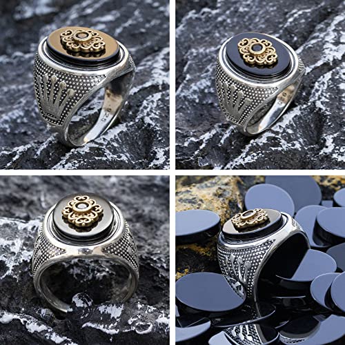 Turkish Handmade Ottoman 925 Sterling Silver Black Onyx Stone Men's Ring with Jewelry Box,Black Agate Crown Carved Personality Ring,Fashionable Classic Design Handmade Jewelry, Festival Anniversary Birthday Gemstone Gift for Him (Size 8 to 12)4
