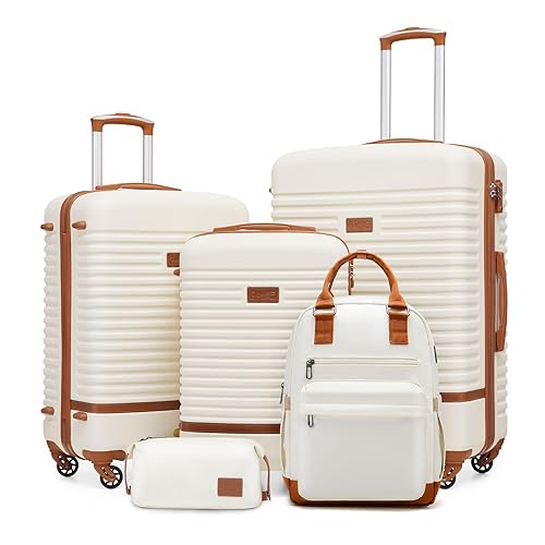 COOLIFE Suitcase Set, 5 Piece Luggage Sets with Travel Backpack and Toiletry Bag for Family Travel, TSA Lock 360° Spinner Wheels (White/Brown, 5 Piece Set) - 5 Piece Set - White/Brown