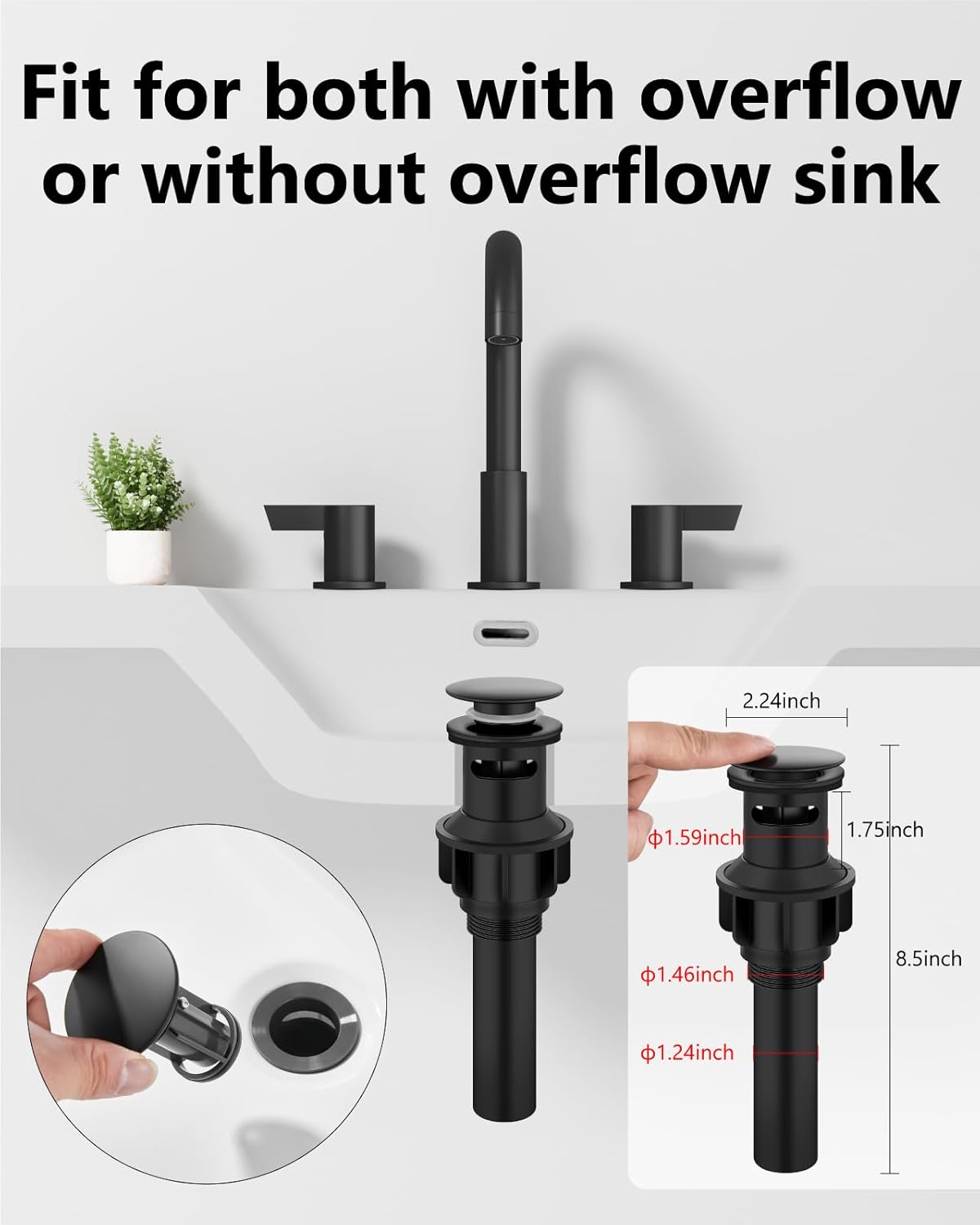 Bathroom Sink Faucet 3 Hole 8 Inch Widespread 2-Handle Vanity Faucet SUS304 Stainless Steel with Pop-Up Drain and Supply Lines Matte Black