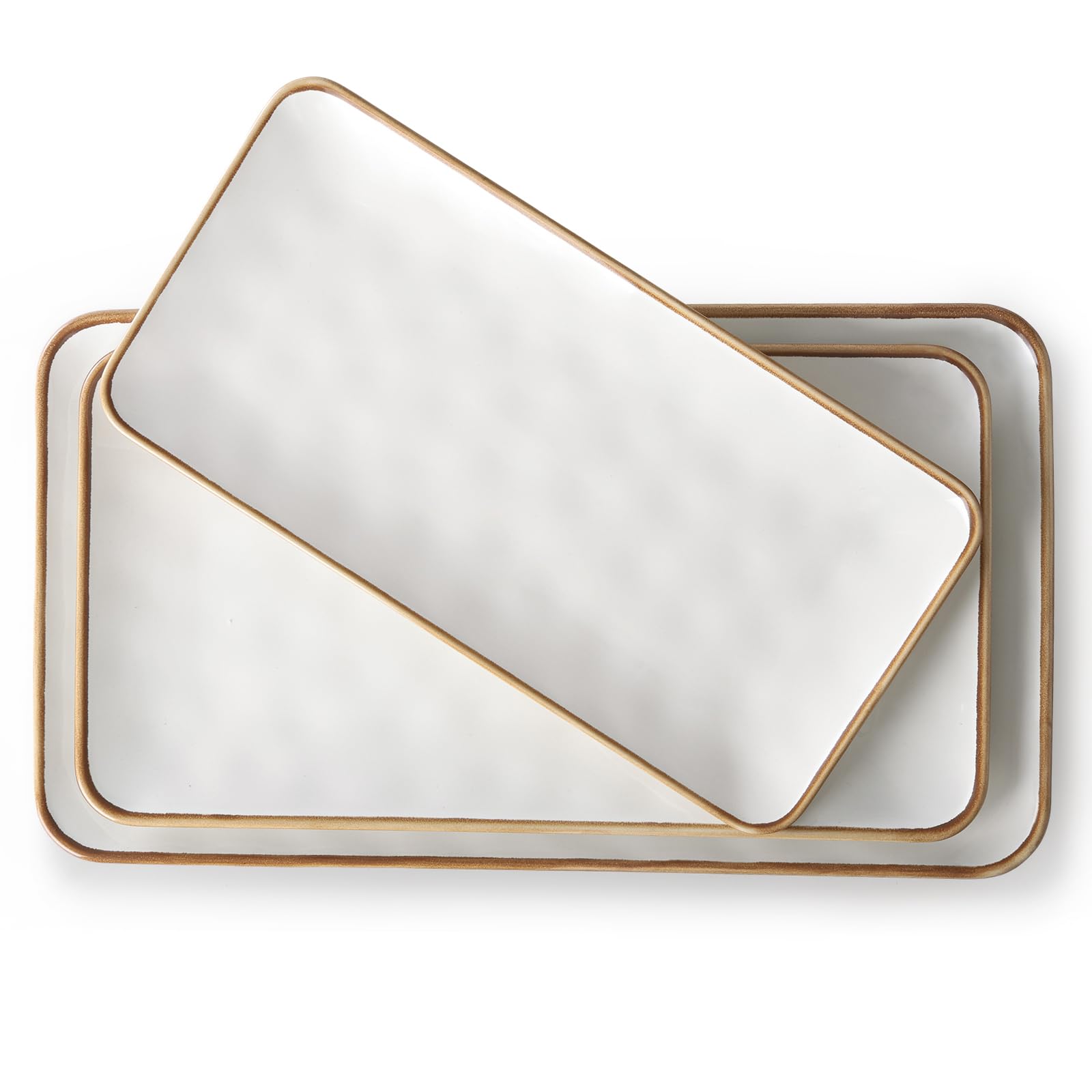 Plateau de service rectangulaire en céramique avec bord marron : grands plats de service de 39,6/36,1/32,6 cm pour réception, dinde, fromage, sushis, collations et desserts, passe au
