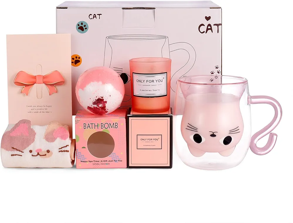Qinhai Tasse Chat Coffret Femme Cadeau, Cadeau de Noël Original pour Fille Epouse Maman Nounou Marraine Amie Enfant Garçon Fille, Valentin Fête des Mères Anniversaire Halloween (rose)