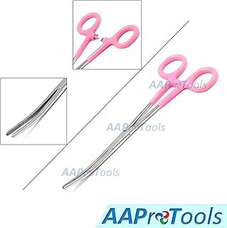AAProTools Heavy Duty Pink PVC (Polyvinyl Chloride) Grip Handle German Grade Stainless Hemostat Forceps Curved Serrated 8