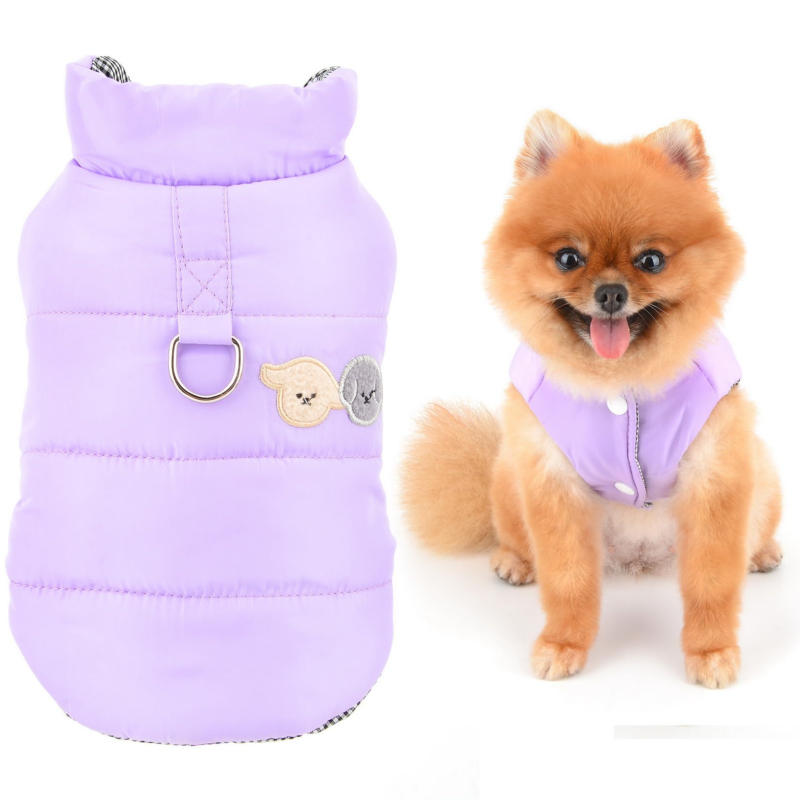 SMALLLEE_LUCKY_STORE Fleece Lined Dog Coat for Small Dog, Solid Pet Jacket with Cartoon Patch and D-ring, Windproof Warm Winter Fall Padded Chihuahua Yorkie Snowsuit Cat Apparel, Purple, S