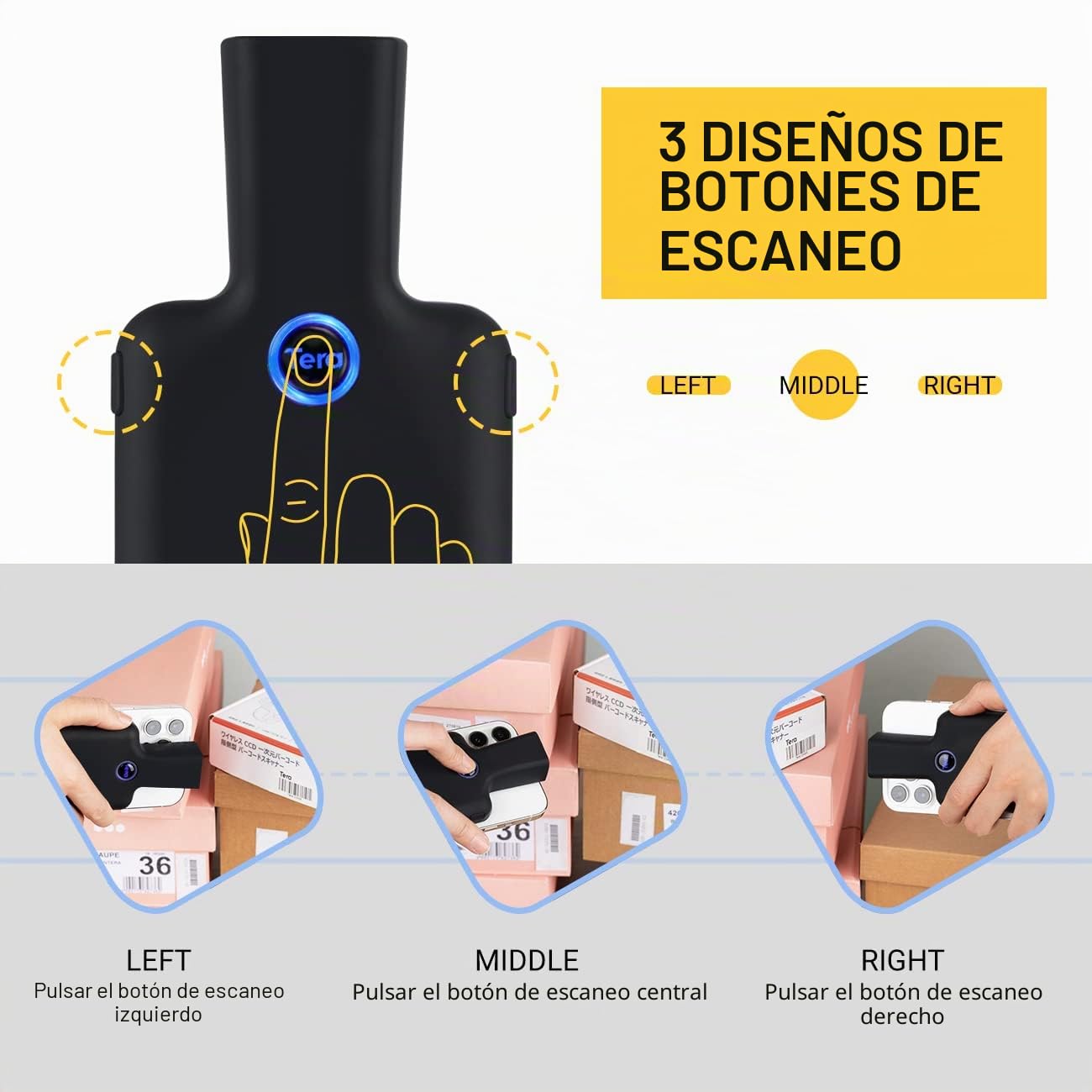 Tera Escáner de código de barras Bluetooth 2D Mini clip trasero portátil 2D QR 1D lector de código de barras con Bluetooth escaneo de imágenes para Android, iOS, smartphone, modelo 0012