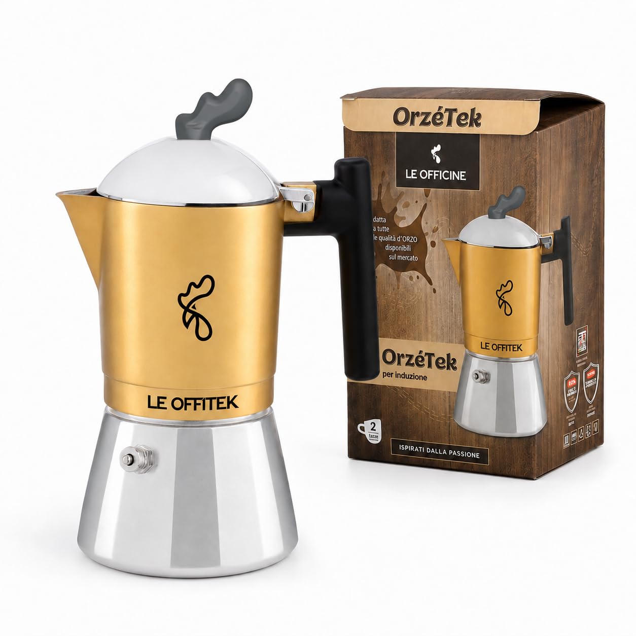 Orziera ORZÈTEK Induzione 4 Tazze Le Offitek, Specifica per Orzo, con Filtro Microforato in Acciaio Stirato e Valvola Anticalcare, Caldaia Bimetallica Acciaio-Alluminio, per Tutti i Piani Cottura